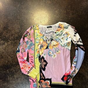 Etro Pink and Yellow Graphic cashmere silk V-Neck Sweater 42